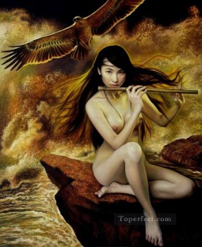 鷲と笛を吹く美しい中国人少女のヌード Oil Paintings